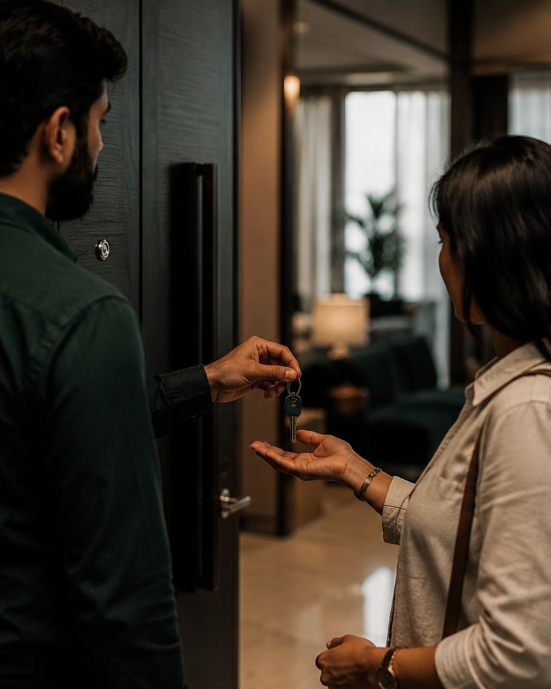 Move-in key handover at a rental flat